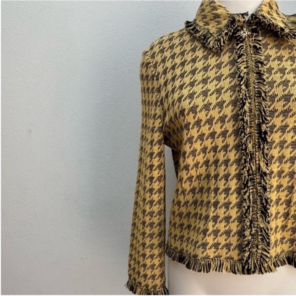 St John Houndstooth Jacket Vintage Fringe Knit Archival Logo Yellow Black Size 8 - Picture 12 of 14
